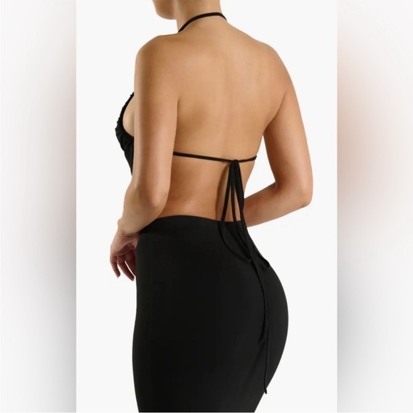 NWOT Naked Wardrobe Black Shirred Apron Tie Back Halter Top - Picture 3 of 6